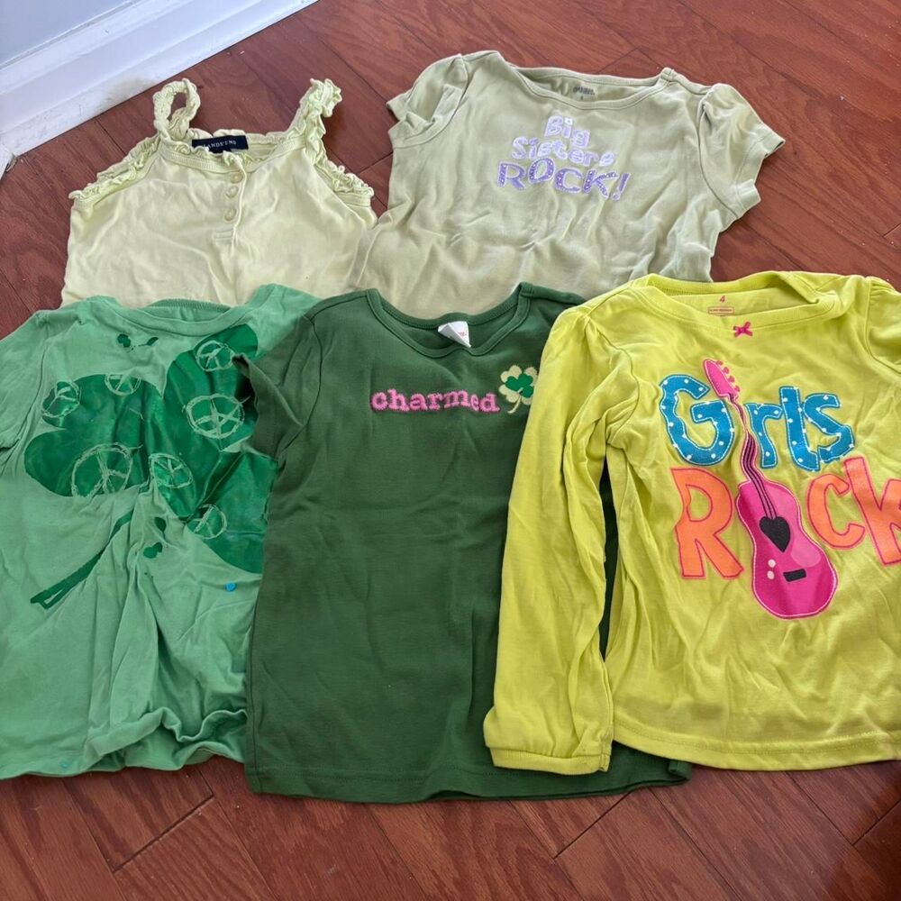 BUNDLE Lot of 5 Green Yellow Girl's Kid's Children Outfit Tops Sz 5 T Shirts B1